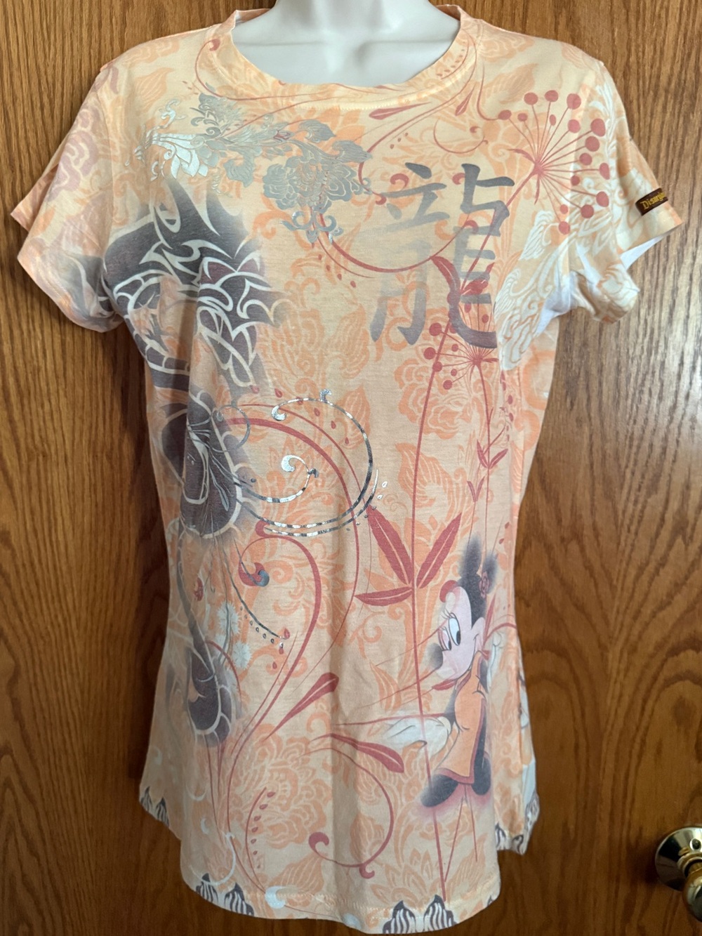 Vtg Disneyland Orange Graphic T-Shirt Metallic Dragon + Minnie Mouse Jr's Sz Lg